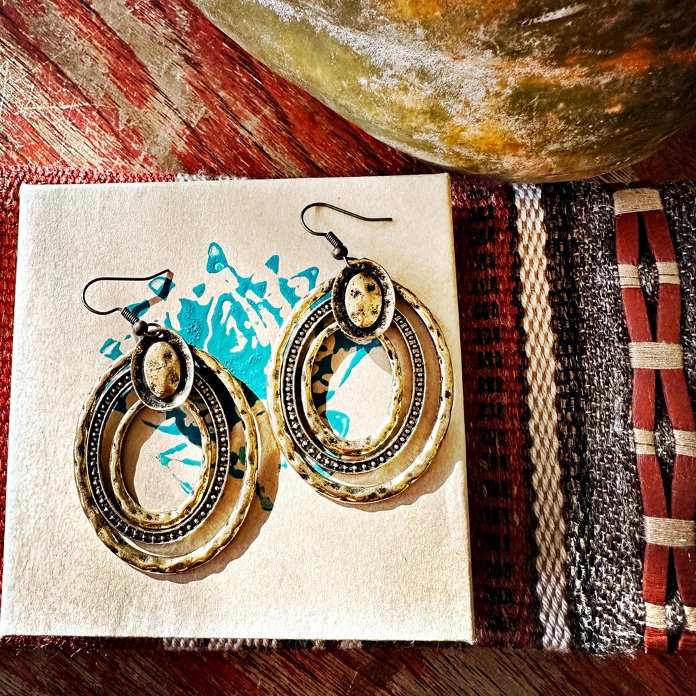 Antique gold hammered hoop Statement earrings.